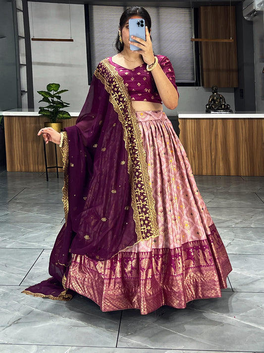 Soft Dola Silk Contrast Foil Work Border Lehenga Choli, Dupatta