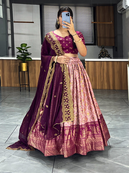 Soft Dola Silk Contrast Foil Work Border Lehenga Choli, Dupatta