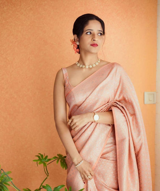 Peach Banarasi Soft Silk Saree With Unstitched Blouse