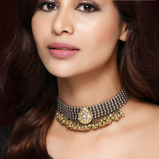 Rubans Oxidised Silver Plated Handcrafted Kundan with Gold Ghungru Choker