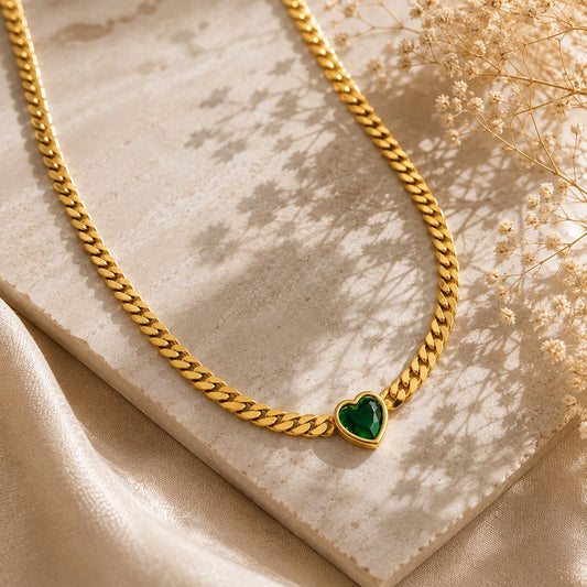 Stainless Steel Anti-Tarnish Green Heart Necklace | Gold Cuban Chain Pendant