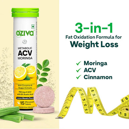 OZiva Metabolic ACV Moringa Effervescent Lemon Masala Flavor - 15 Tablets - Pack of 2