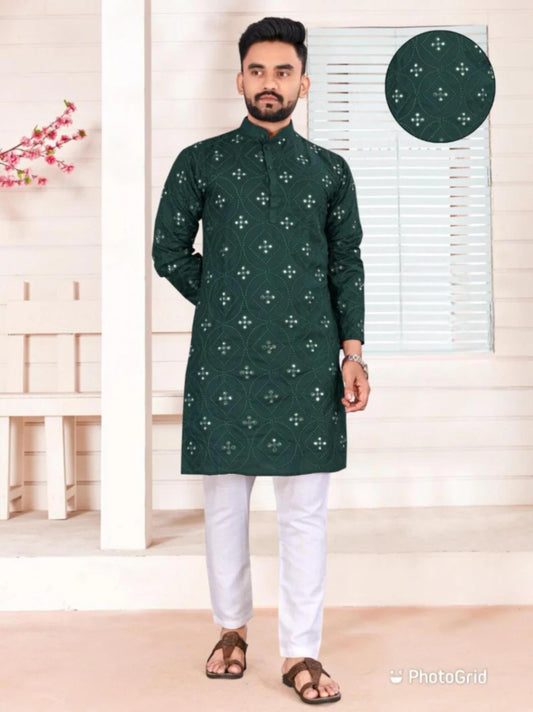 Dark Green Cotton Mirror Embroidery Casual Men's Kurta With Pajama