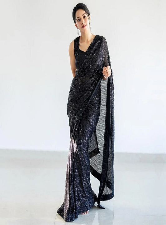 Black Designer Sari Soft Georgette Heavy Sequence Work Saree Blouse