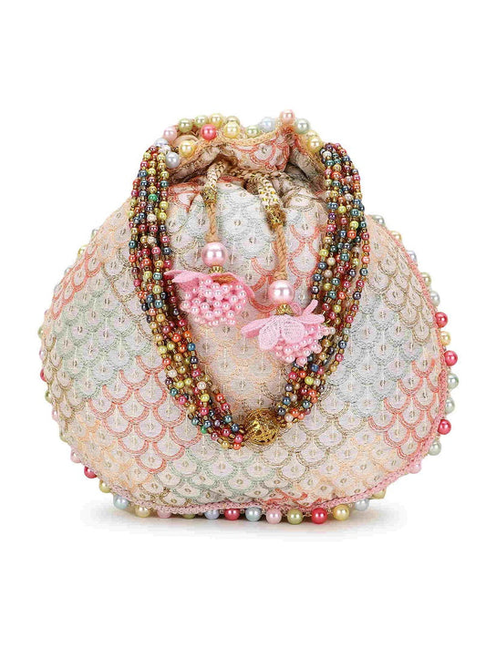 Off White and Pastel Multi Sequin Embroidered Faux Silk Potli Bag