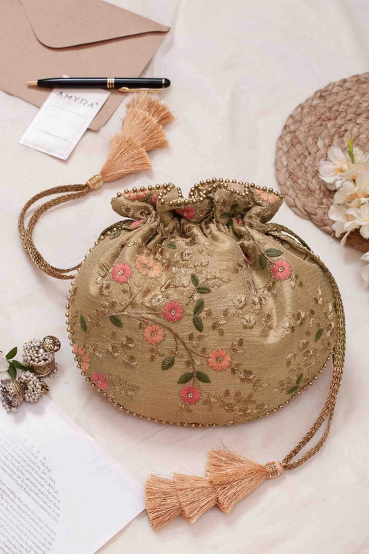 Embroidered poly silk drawstring pouch bag, wedding potli,Valentines gift