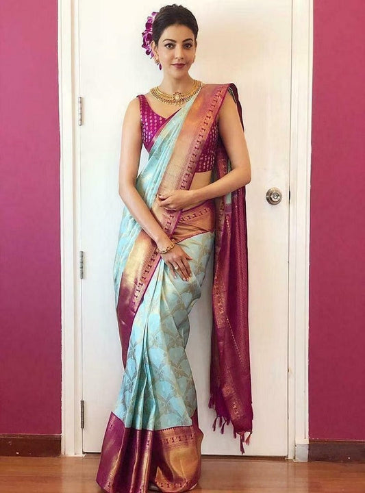 Sky Blue & Pink Kanchipuram Weaving Work Saree