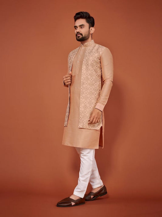 Men's Banglori Silk Attached Jacquard Koti Kurta With Pajama Set 16-SP11
