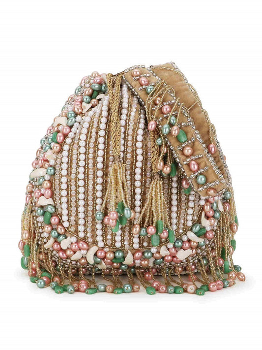 Bridal Beige, White & Multi Striped Embellished Velvet Potlidrawstring