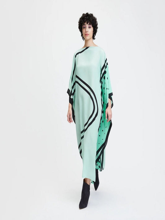 Beach Wear Sea Green Shaded Dot Printed Style Women French Moss Kaftan J5686
