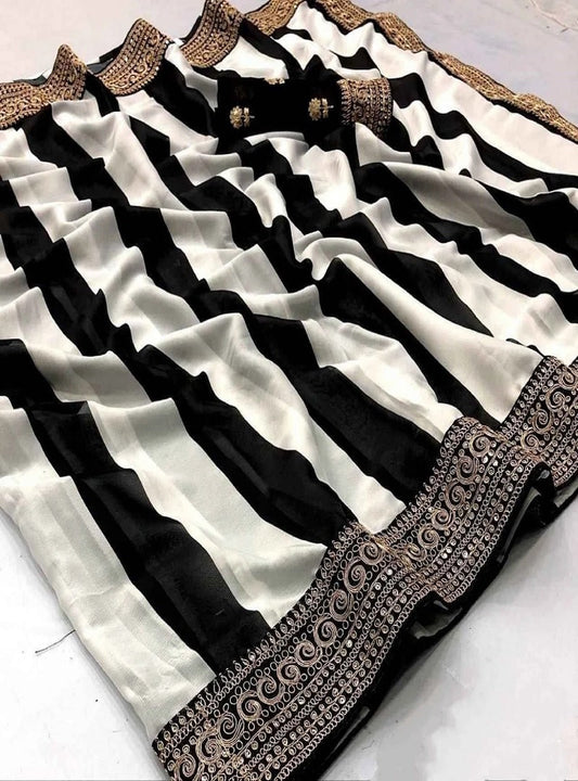 Black And White Strip Faux Georgette Saree With Unstitched Blouse
