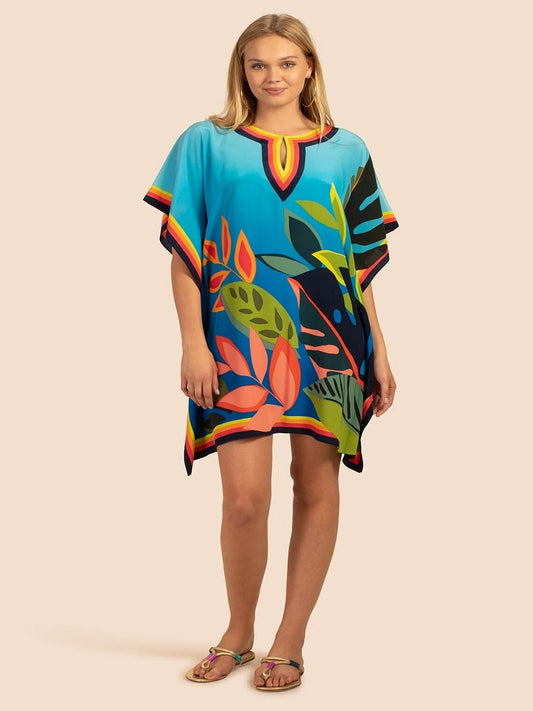 Beautiful Floral Geometric Pattern Holiday Wear Silk Crepe Short Kaftan Dress J5681