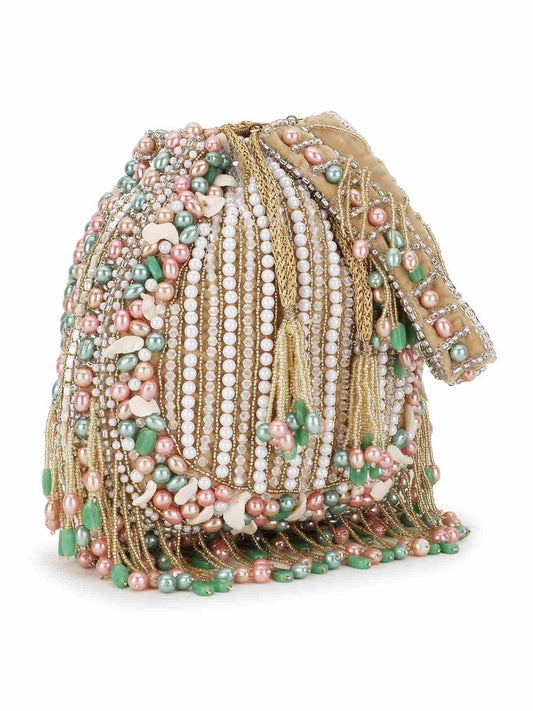 Bridal Beige, White & Multi Striped Embellished Velvet Potlidrawstring