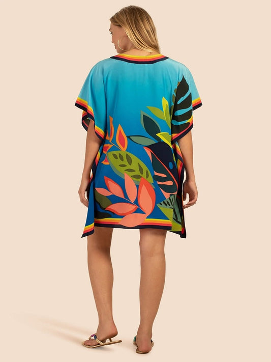Beautiful Floral Geometric Pattern Holiday Wear Silk Crepe Short Kaftan Dress J5681