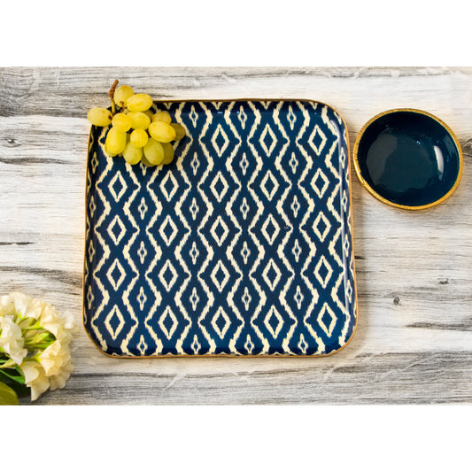 Blue Ikat Square Platter With Bowl