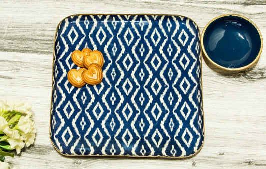 Blue Ikat Square Platter With Bowl