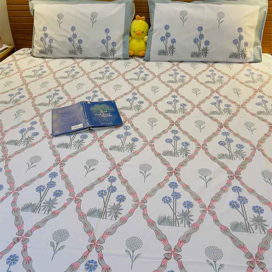 Pink Blue Mughal Pattern Premium Cotton Bedsheet |  Double Size