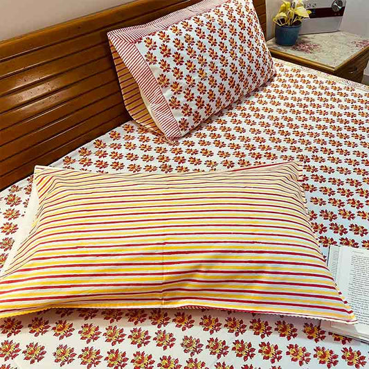 Pink Yellow Floral premium Cotton Bedsheet |  Double Size
