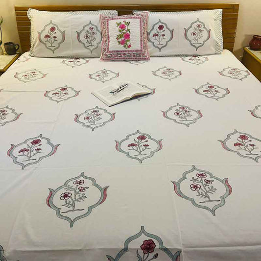 White Floral Premium Cotton Bedsheet |  Double Size