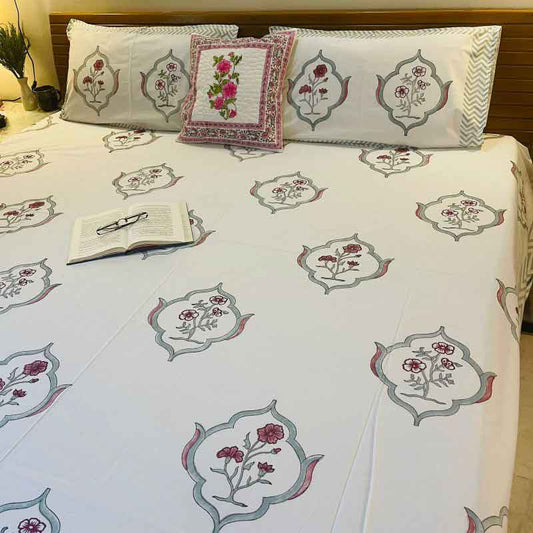 White Floral Premium Cotton Bedsheet |  Double Size
