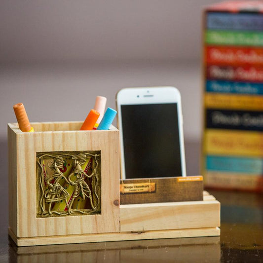 Pine Wood Pen Stand With Card & Mobile Holder