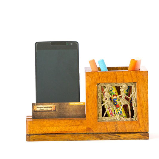 Mango Wood Pen Stand With Card & Mobile Holder