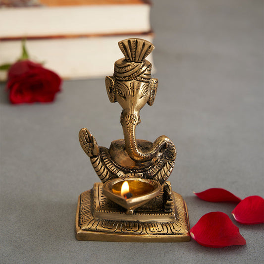 Brass Pagdi Ganesh Diya Statue