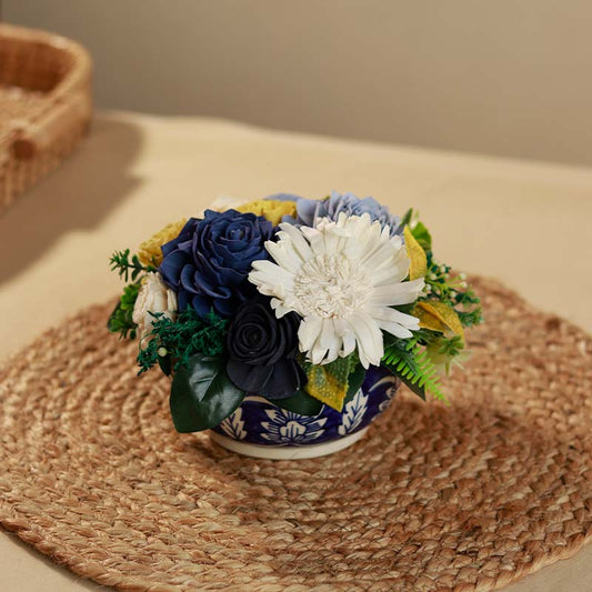Blue Novelty Solawood Flower with Ceramic Vase