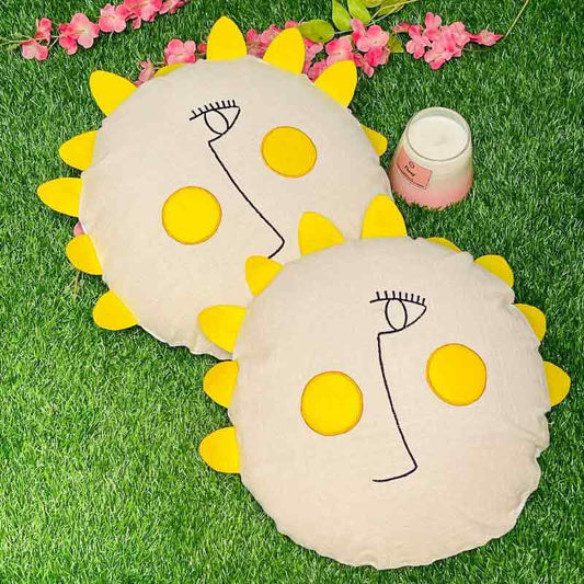 Sunshine Applique Cotton Cushion Covers | Set of 2 | 16x16 Inches