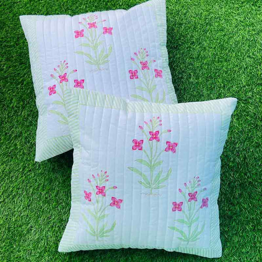Pink Floral Quilted Cushion Covers | Set of 2 | 16x16 Inches