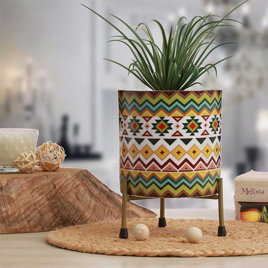 Multicolor Cylindrical Meena Metal Pot with Stand