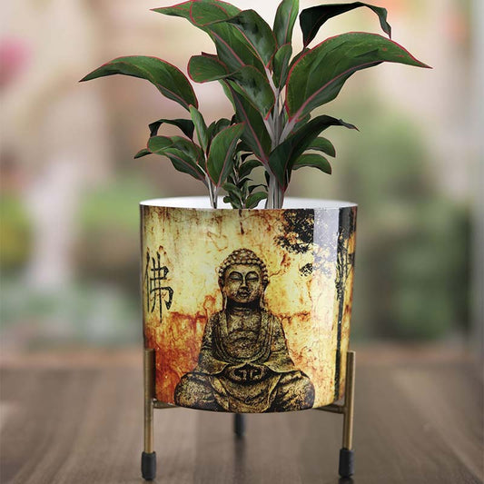 Buddha Design Cylindrical Meena Metal Pot with Stand
