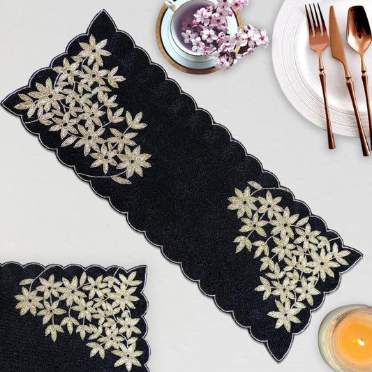 Black & Gold Embroidered Table runner | 36x13 Inches