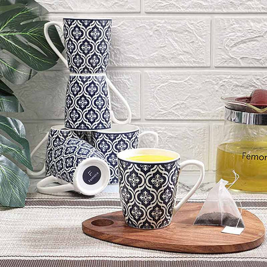 Bone China Blue Block Print Design Tea Cup | Set of 6 | 160 ML