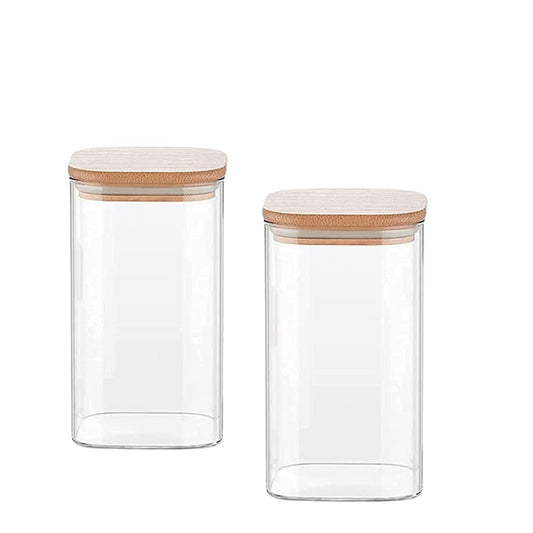 Glass Bamboo Lid Air Tight Jar | 1L | Set of 2