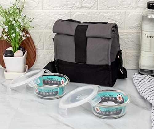 Borosilicate Glass Round Container Grey Black Canvas Lunch Box | 380 ml | Set of 2