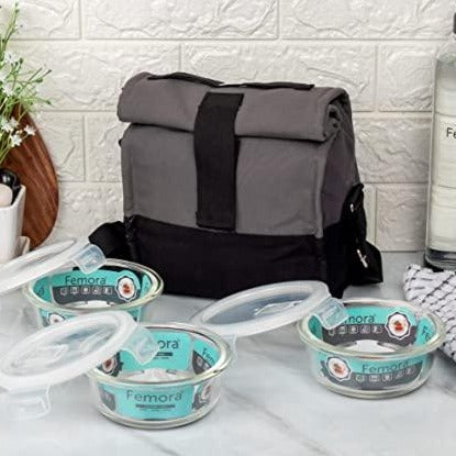 Borosilicate Glass Round Container Grey Black Canvas Lunch Box | 380 ml | Set of 3