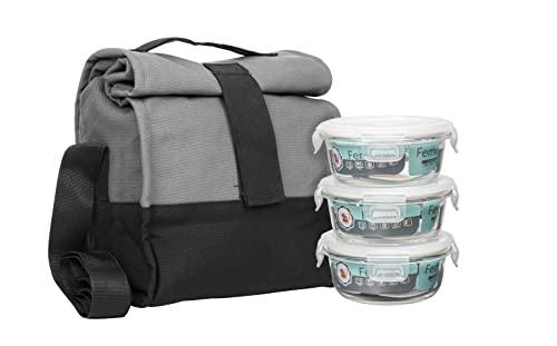 Borosilicate Glass Round Container Grey Black Canvas Lunch Box | 380 ml | Set of 3