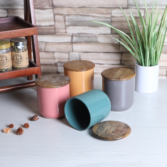 Ceramic Jars with Wooden Lid | Set of 4