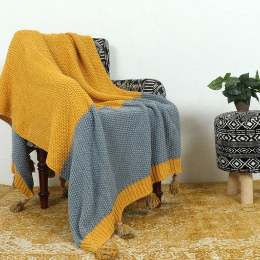 Cotton Knitted Throws | Grey & Mustard