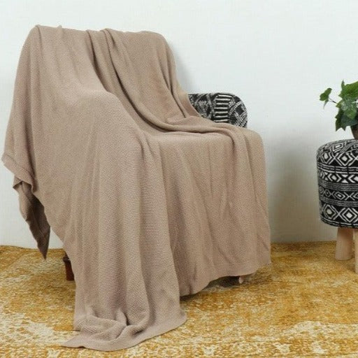 Cotton Knitted Throw | Beige Self Pattern