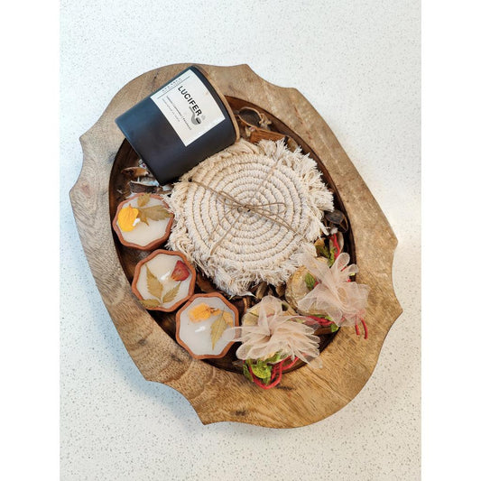 Curvy Platter With Set Of 2 Coasters, Soy Candle & Set of 3 Diya Candles | Multiple Options