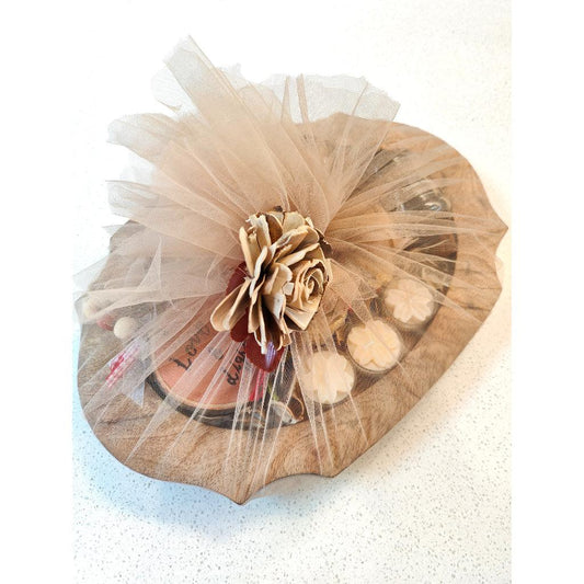 Curvy Platter With Honey Jar, Brass Diya Lamp, Set of 2 Wood Coasters, Hanging & Set of 3 Floating Candles | Multiple Options