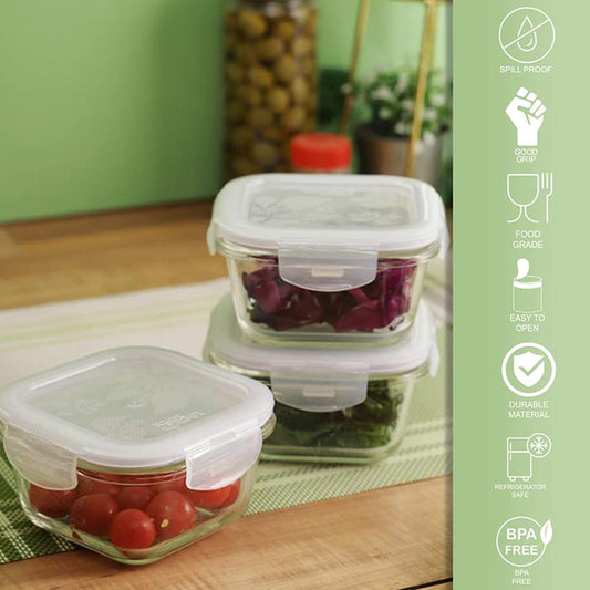 Airtight Glass Food Containers Lunch Box with Blue Bag | Set of 3