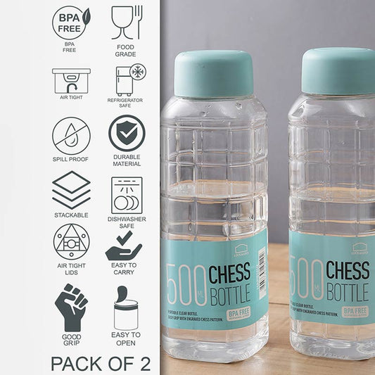 Chess Plastic Water Bottles With Blue Lid| Set Of 2| 500 ml