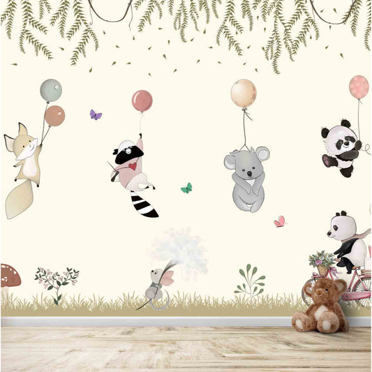 Cute Animals Flying With Balloons Theme Wallpaper | Multiple Options