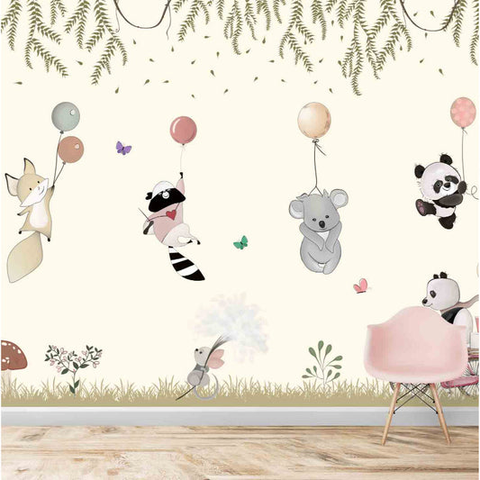Cute Animals Flying With Balloons Theme Wallpaper | Multiple Options