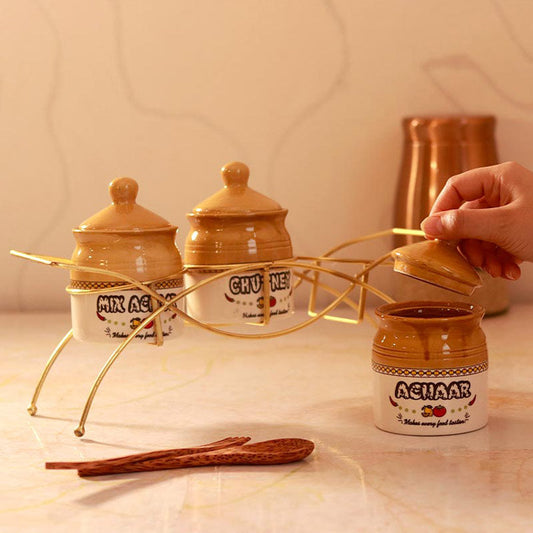 Handcrafted Jar Conatiner with Lid & Metal Stand | 300 ml | Set of 3