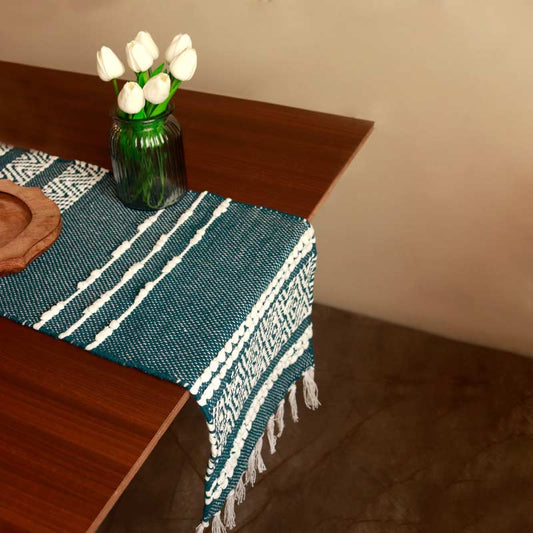 Blue & White Hand-loomed Cotton Runner | 72 x 13 Inches