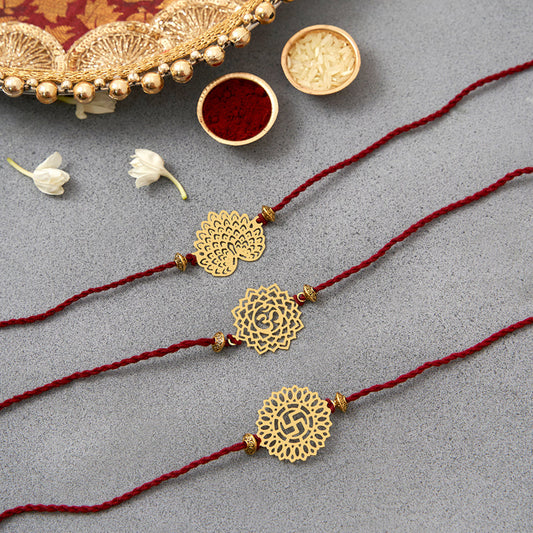 Brass Peacock, Om & Swastik Rakhi Cum Keychain Cum Bookmark | Set of 3